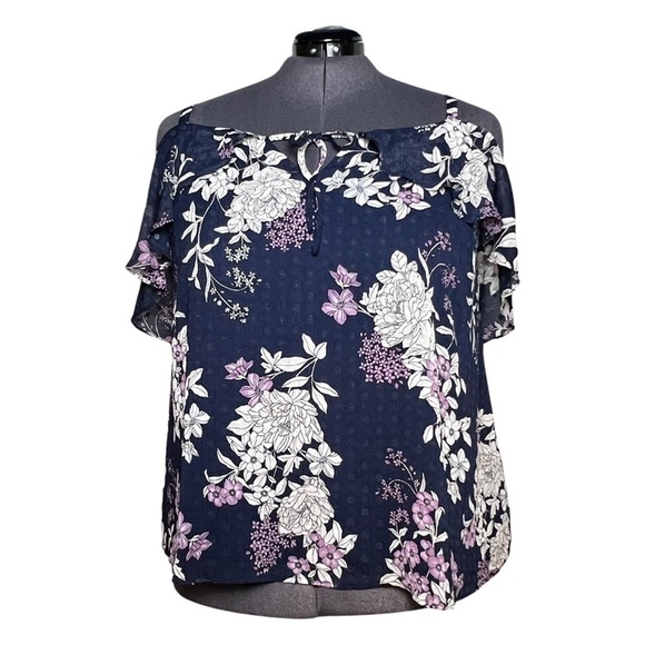 Torrid Purple Ruffle Cold Shoulder Blouse with Floral Accents (Size 2) - Picture 1 of 6